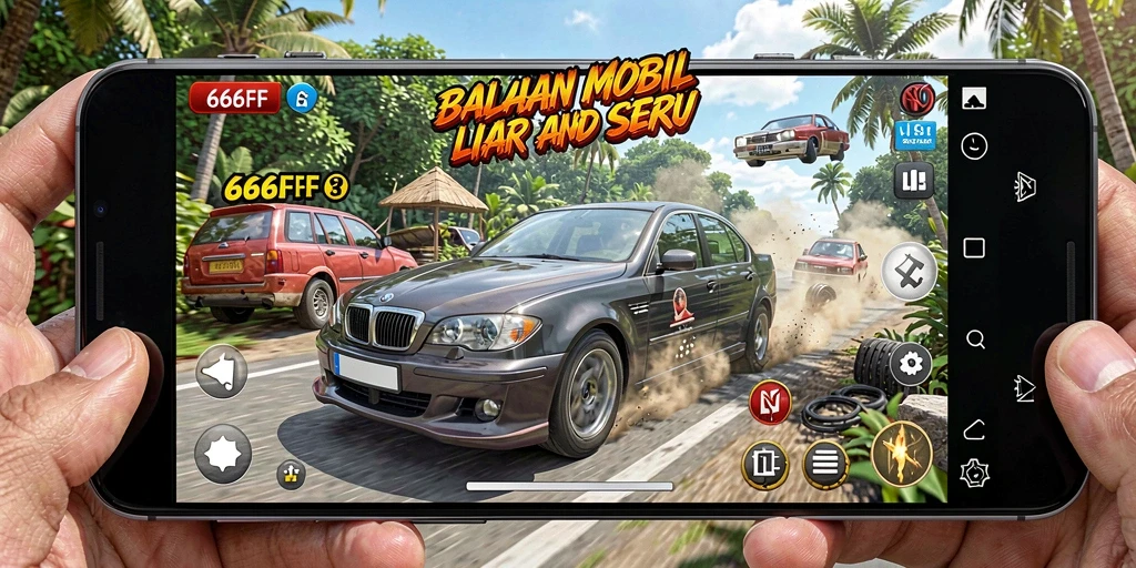Tangkapan layar gameplay 666FF dengan aksi balap mobil yang mendebarkan.