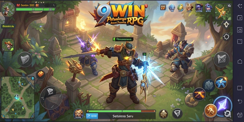 Screenshot gameplay 9WIN menampilkan karakter dalam pertempuran epik.