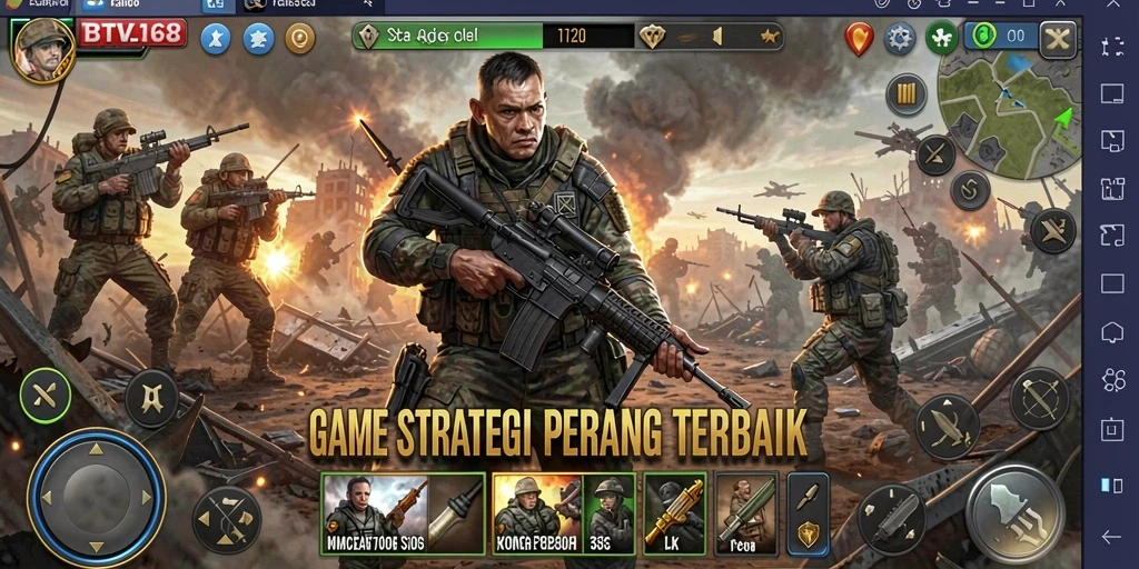 Tangkapan layar utama BTV168 menampilkan strategi perang yang intens.
