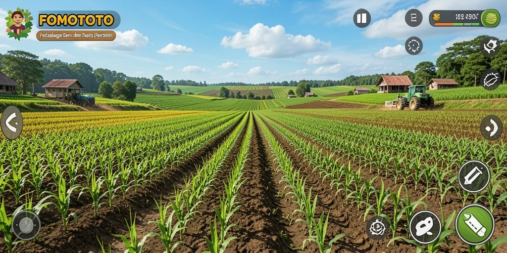 Screenshot gameplay FOMOTOTO menampilkan kebun yang subur dan aktivitas pertanian.