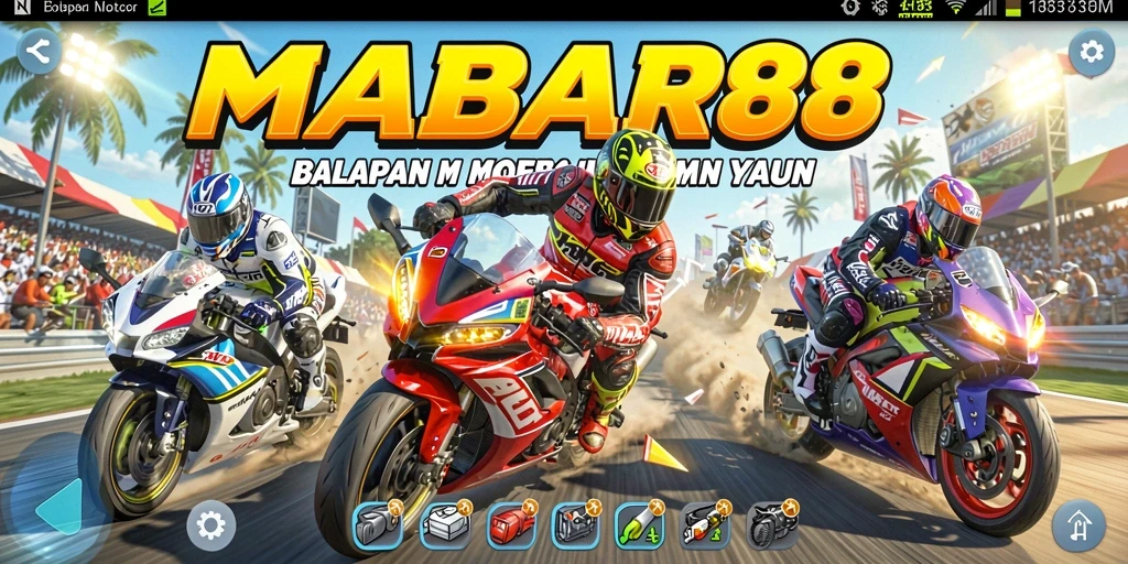 Screenshot gameplay MABAR88 menampilkan balapan motor yang intens dan mendebarkan.