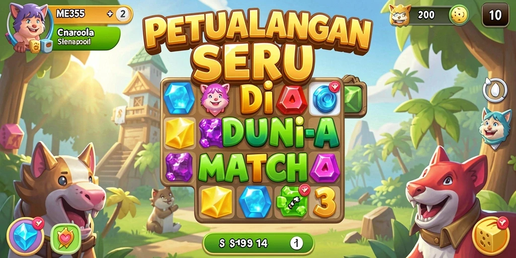 Screenshot ME355 menampilkan gameplay Match-3 yang seru dan penuh warna.