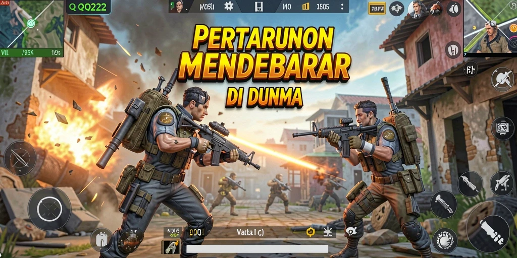Screenshot gameplay QQ222 menampilkan aksi dan strategi Battle Royale yang intens.