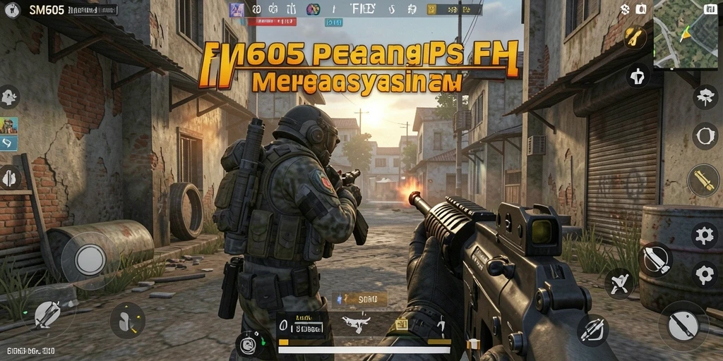 Screenshot gameplay SM605 menampilkan pertempuran seru dalam lingkungan dinamis.