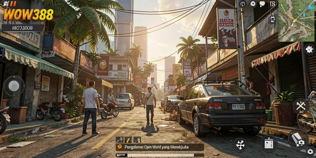 Screenshot gameplay WOW388 menampilkan dunia Open World yang indah dan menakjubkan.